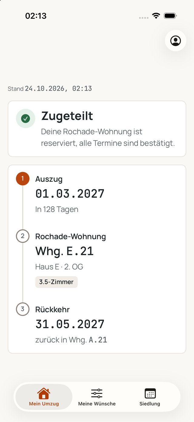 App-Screenshot Mein Umzug: Status Zugeteilt, Auszug, Rochade-Wohnung, Rückkehr